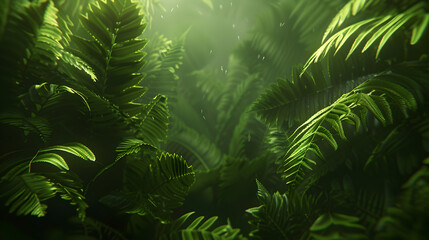 Obraz premium A lush, green scene filled with vibrant ferns and soft light filtering through.