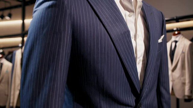 Video still of a tailored suit on a mannequin in a boutique. Low-angle shot highlights the suit's details, with more suits in the blurred background.