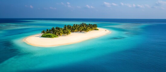 Aerial view of a pristine tropical beach with crystal-clear turquoise waters gently lapping the white sand shoreline, palm trees lining the coast under a vast blue sky dotted with fluffy clouds