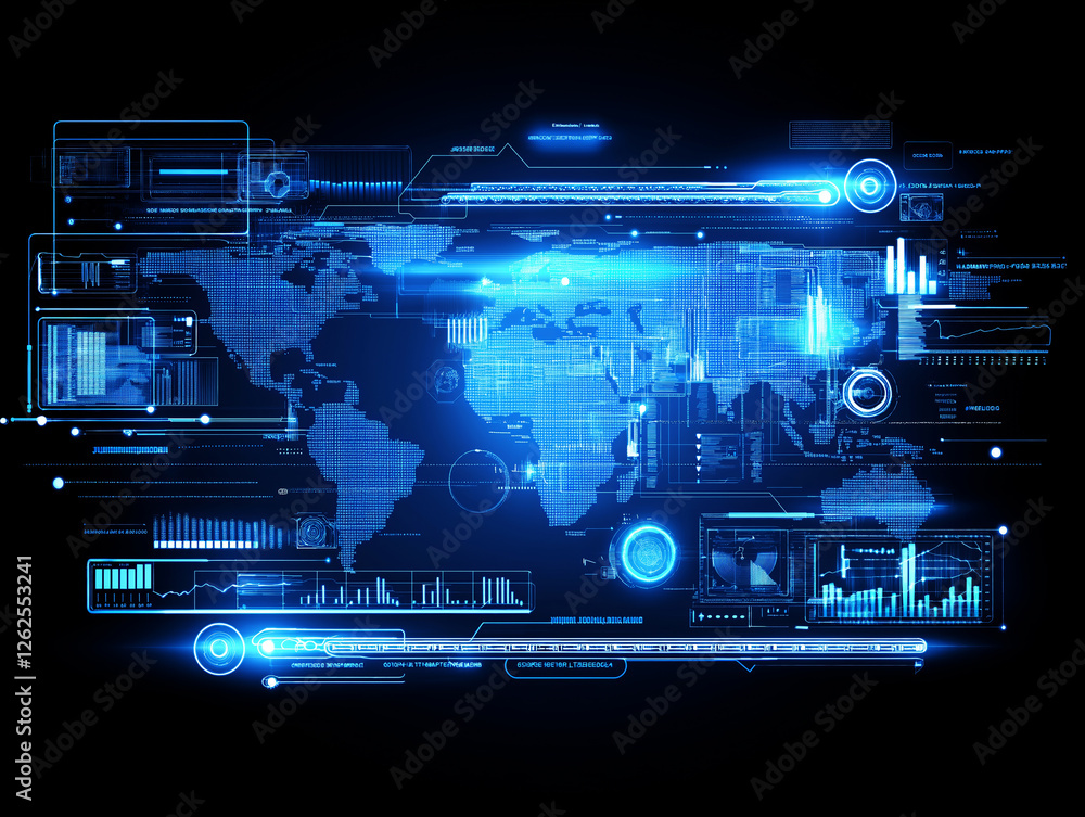 Poster futuristic digital world map with glowing blue hud interface elements