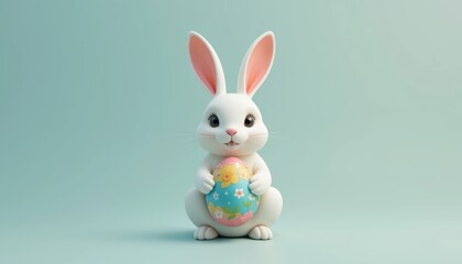 Obraz premium Cute cartoon rabbit holding colorful Easter egg with floral patterns on soft pastel background for spring celebration
