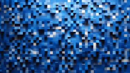 Fototapeta premium A textured blue surface featuring varying shades, sizes of raised squares, square pixels in shades of lighter blue and white, creating a dynamic, modern abstract and pixelated pattern.