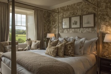 Elegant country bedroom with luxurious decor and scenic views of the countryside in the daytime