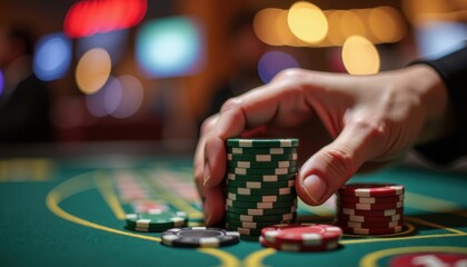 Fototapeta premium Close-up of a hand stacking poker chips at a casino table during a game