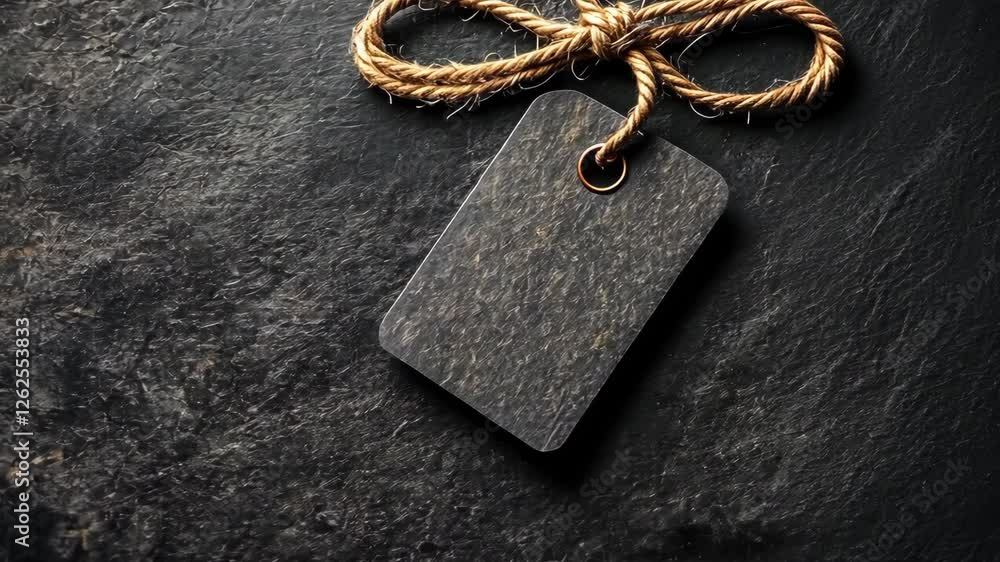Aufkleber blank tag made of dark slate material with a twine loop, ideal for personalizing gifts or organizing