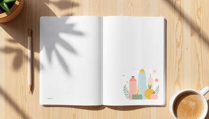 Artistic notebook layout with colorful design elements on wood