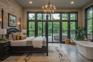 Elegant bedroom with large windows overlooking serene lake in modern house interior design