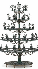 Ornate tiered green centerpiece, possibly for a wedding or party, stands on a patterned base.  Ideal for event decor or antique catalogs