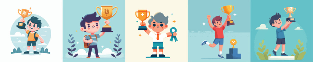 collection of vectors of boys lifting trophies