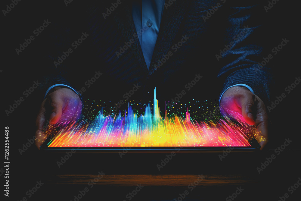 Aufkleber man in suit holding laptop with colorful display in modern office setting