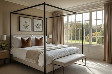 Elegant contemporary bedroom with large windows and natural light showcasing beautiful garden view