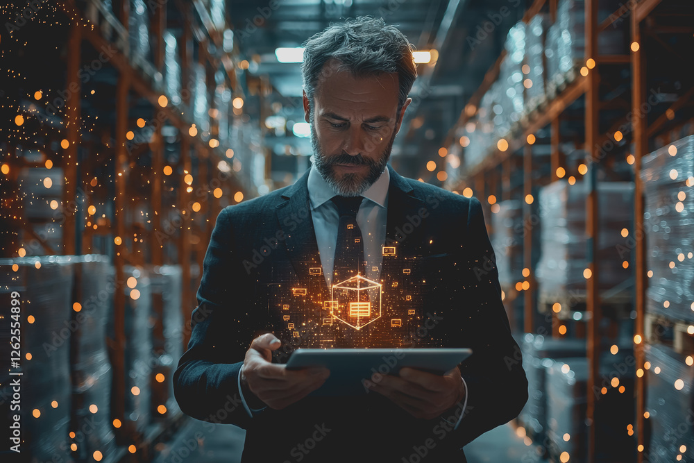 Poster man in a suit holding a tablet device in a professional office setting with a thoughtful expression