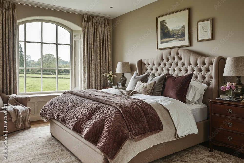 Aufkleber elegant bedroom with a view of the countryside showcasing a cozy and inviting atmosphere in a serene