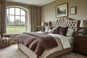Elegant bedroom with a view of the countryside showcasing a cozy and inviting atmosphere in a serene setting