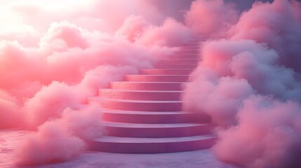 Ethereal Pink Stairway Ascending Through Soft Clouds in Dreamlike Scene