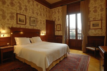 Luxurious hotel bedroom with classic decor and large windows overlooking a cityscape