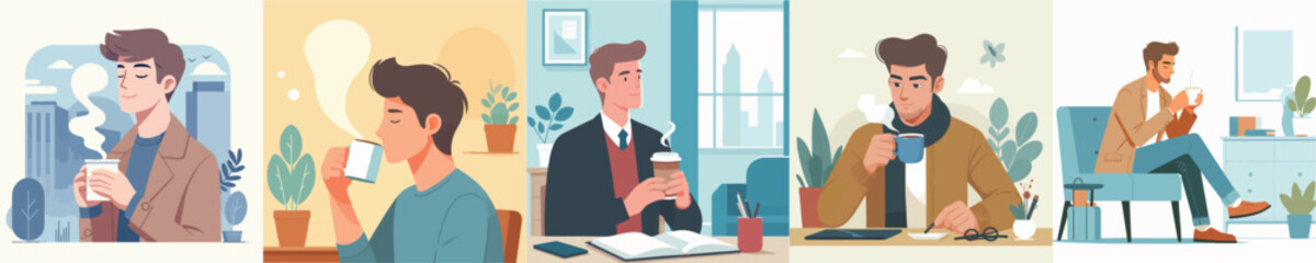 vector young man drinking coffee