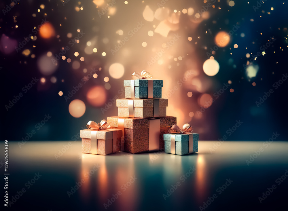 Poster a stack of gift boxes tied with ribbons sits against a softly blurred, bokeh-lit background, creatin