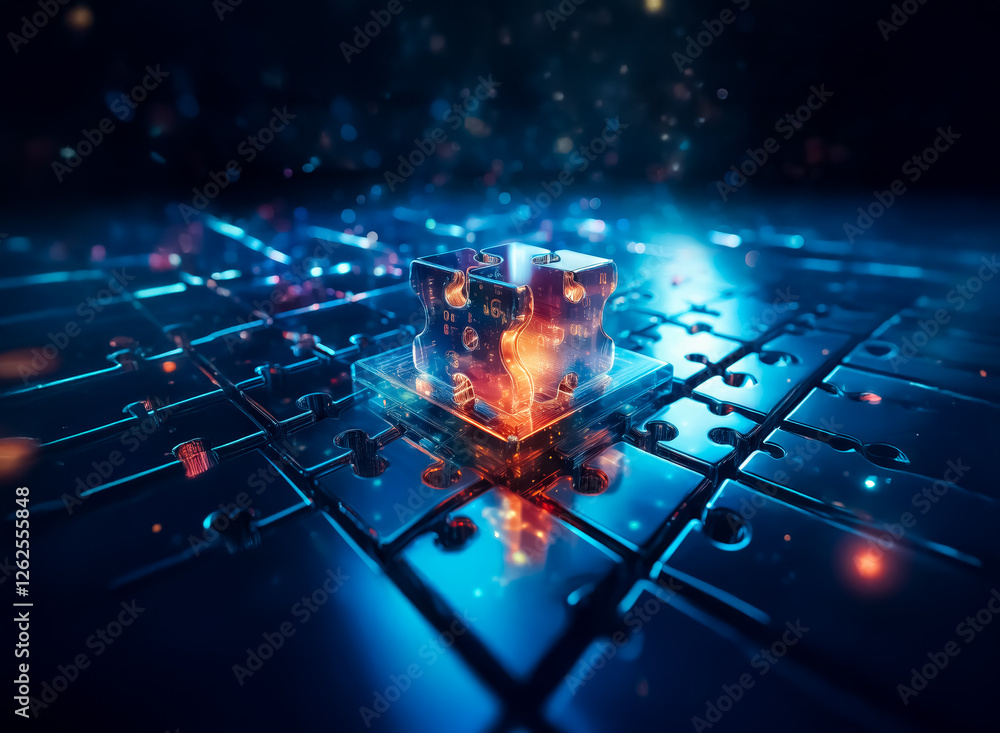 Leinwandbilder Glowing cube on a metallic grid surface, illuminated in blue and orange light. Sparks and particles float around the central geometric object in a dark environment.