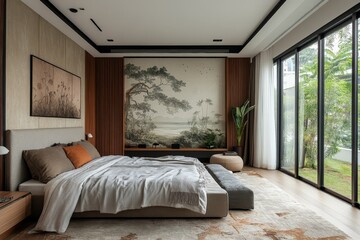 Cozy modern bedroom with nature-inspired decor and large windows letting in natural light