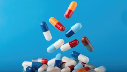 Colorful Capsules Falling Against A Blue Background