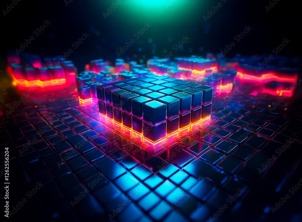 Aufkleber Abstract digital art with illuminated cubes in vibrant neon colors, creating a futuristic and technological atmosphere with glowing and reflective surfaces.
