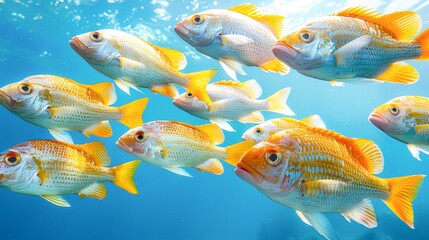 Fototapeta premium Colorful fish swim gracefully underwater, showcasing vibrant hues against a clear blue backdrop, Ideal for aquatic-themed projects, educational materials, or conservation discussions,