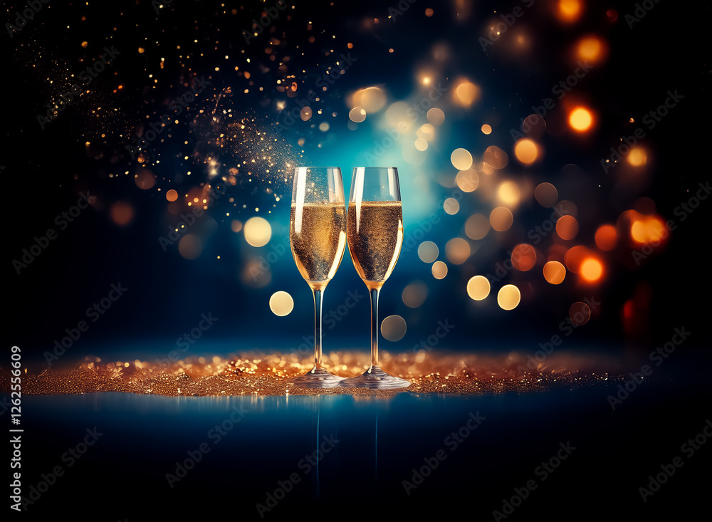 Poster two champagne glasses filled with bubbly drink are set against a dark backdrop with festive bokeh li