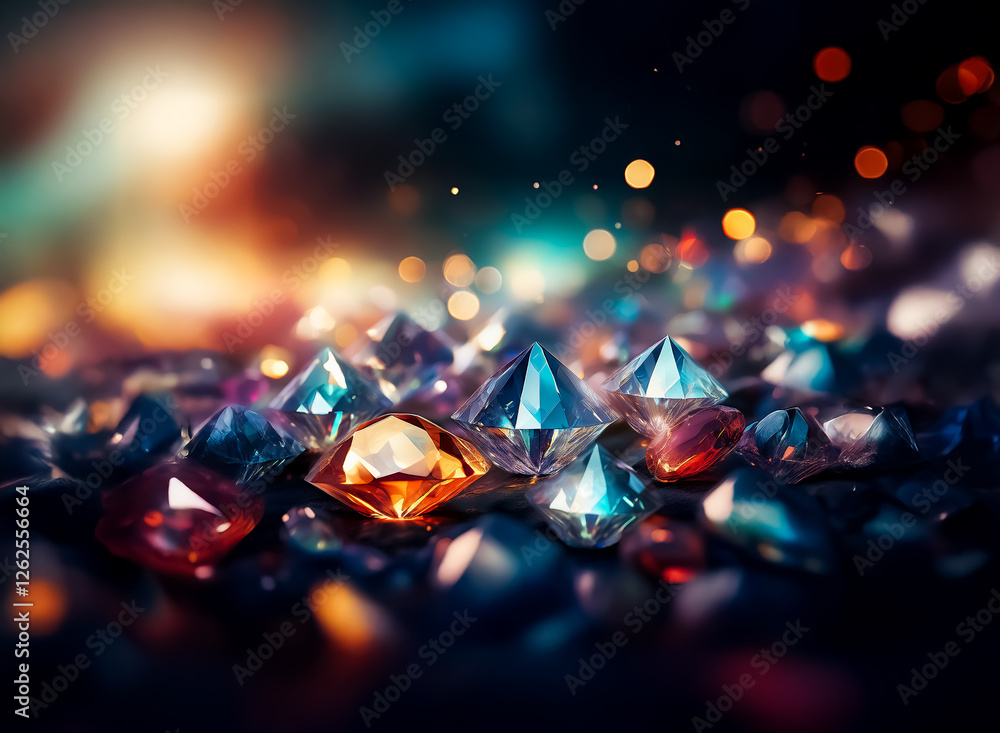Poster colorful gemstones, diamonds, and crystals sparkle and shine on a dark surface. bokeh lights create 