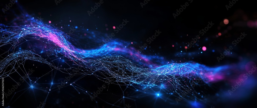 Poster glowing blue abstract pattern representing neural connections on a dark background highlighting inno
