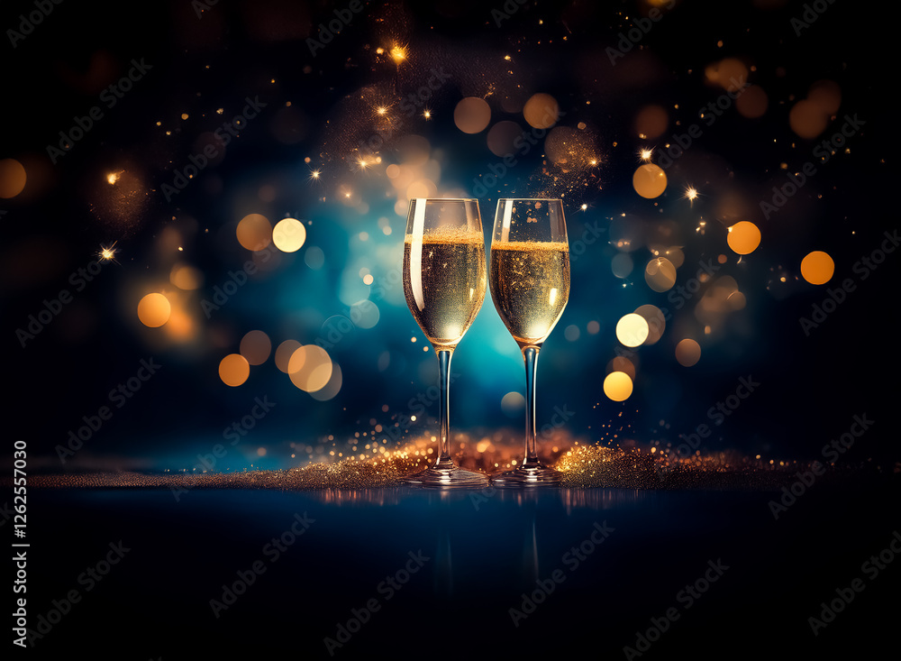 Aufkleber two stemmed glasses filled with a bubbly beverage stand against a dark backdrop illuminated by golde