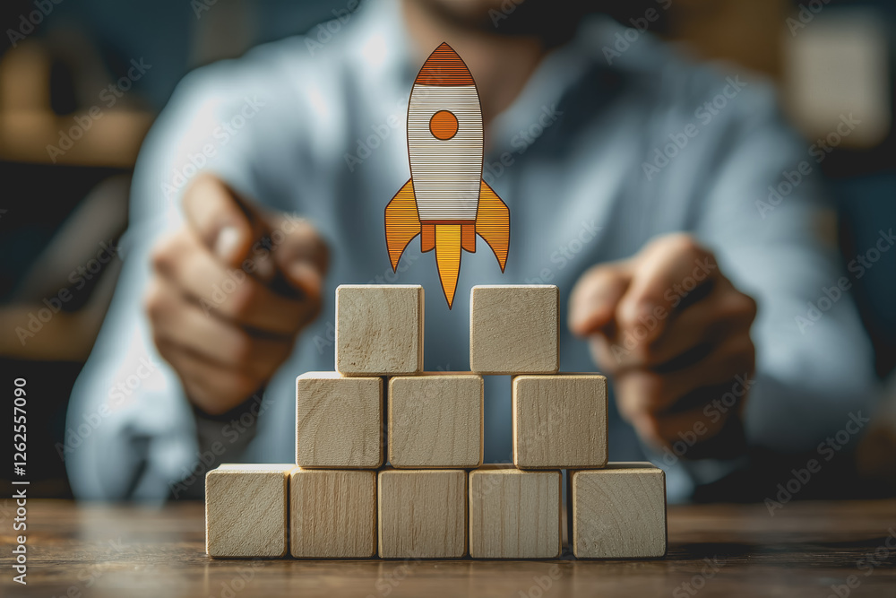 Poster man constructing a tall wooden block tower with colorful building blocks on a table indoors