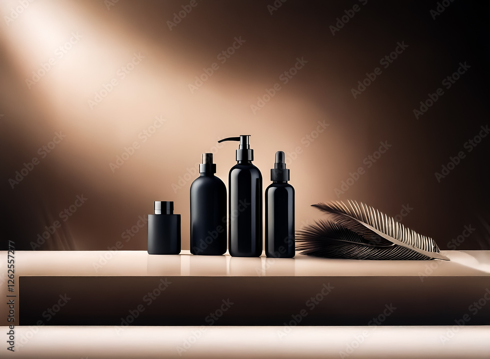 Poster elegant black bottles sit on a beige platform with a feather. soft brown backdrop and spotlight crea