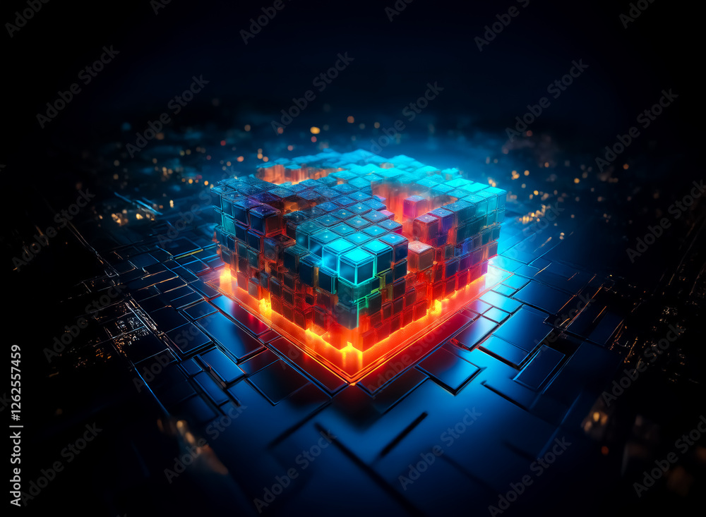 Poster abstract digital art featuring a vibrant cube structure composed of smaller blocks. the cube emits a