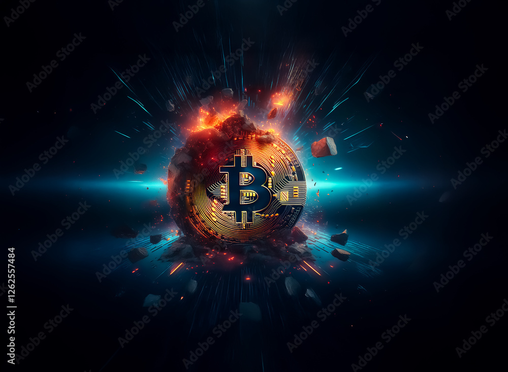 Poster A bitcoin symbol explodes with digital energy against a dark backdrop, showcasing a dynamic burst of light and scattered fragments in a vibrant display of force and technology.