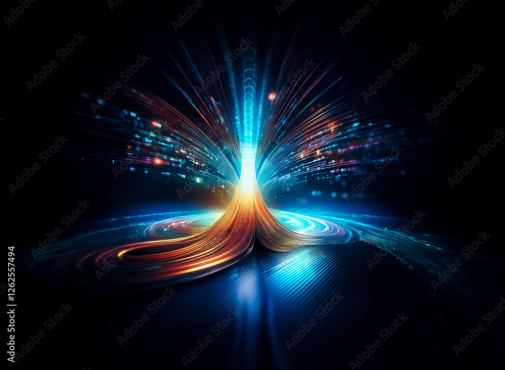 Poster abstract luminous energy bursts forth, creating a dynamic flow. glowing streaks of blue and gold rad