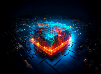 Abstract digital art featuring a vibrant cube structure composed of smaller blocks.  The cube emits a bright glow with orange and blue hues, set against a dark backdrop with circuit board patterns.
