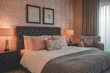 Cozy and elegant bedroom with stylish decor and soft lighting in a modern apartment