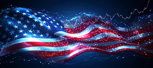 American Flag With Stock Market Chart Overlay, Symbolizing Financial Markets And Economic Trends