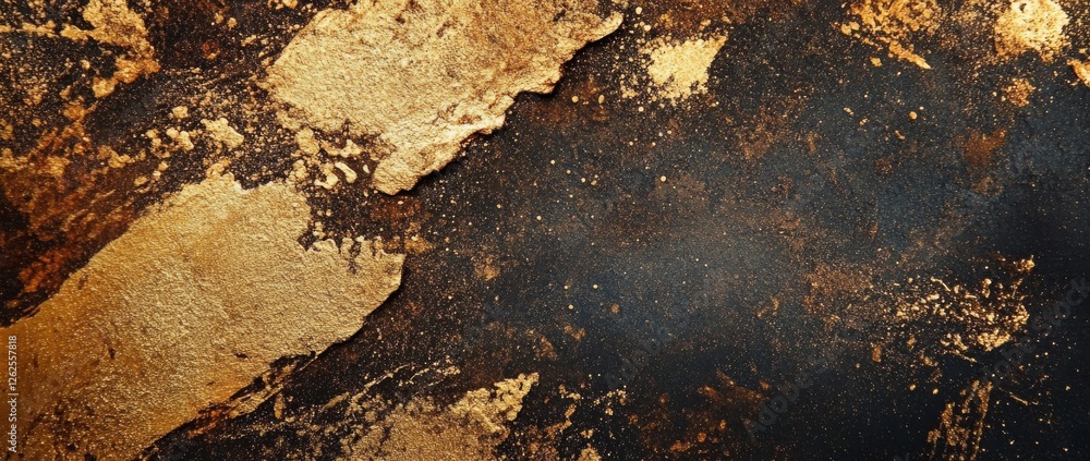 Poster gold glitter particles dance across a deep black background, creating an enchanting abstract display