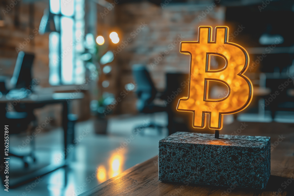 Poster illuminated bitcoin symbol sign displayed on a wooden table in a modern indoor setting