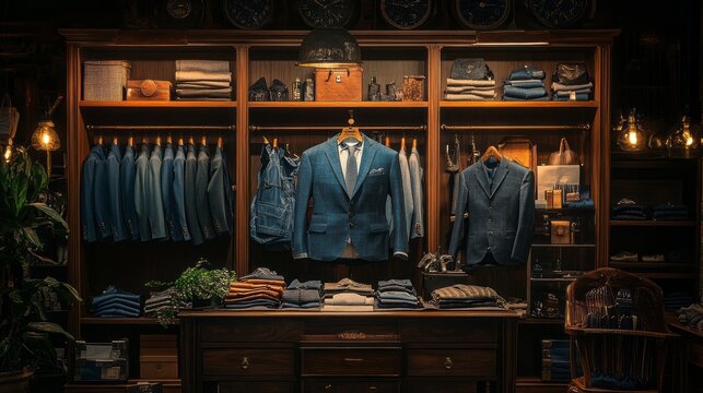 A stylish men's fashion store features an elegant arrangement of suits and accessories, highlighting a sophisticated shopping experience. The warm lighting adds charm to the ambiance.