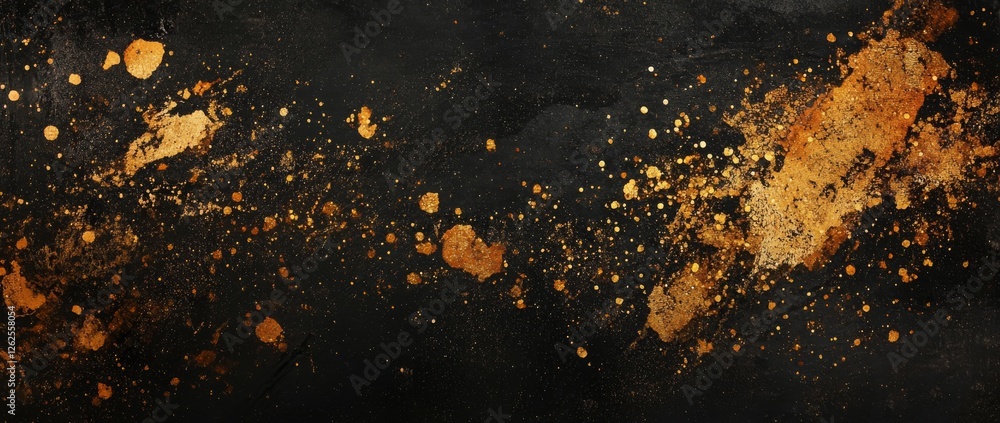 Poster gold glitter particles dance across a deep black background, creating an enchanting abstract display