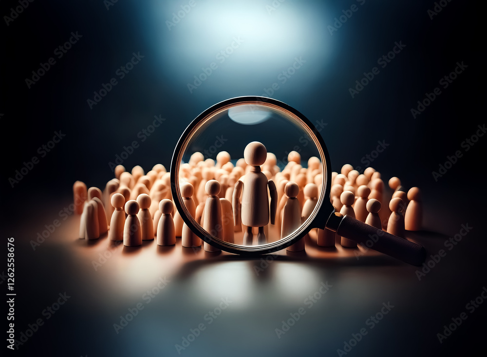 Poster a wooden figure stands out from a crowd under a magnifying glass, symbolizing focus and individual a