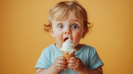 A chubby toddler is sitting with an ice cream cone in hand, making a playful, funny face. The bright yellow background enhances the cheerful mood of the moment.