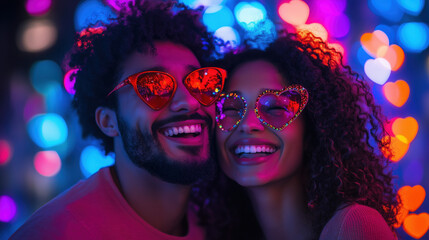 A couple laughing in a photo booth with Valentine’s Day props like heart-shaped glasses, love signs, and a backdrop of twinkling fairy lights, vibrant colors