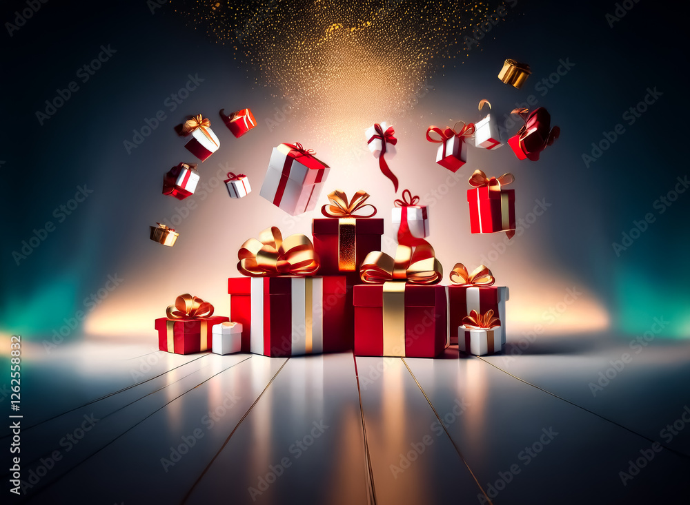 Poster festive scene with red and white gift boxes stacked and floating, enhanced by golden sparkles. prese