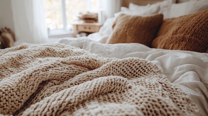 Cozy knitted blanket on bed, sunlight through window, home interior