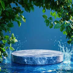A serene blue backdrop featuring a stone platform surrounded by lush greenery and water splashes, Ideal for product showcases, nature-themed promotions, or wellness branding,