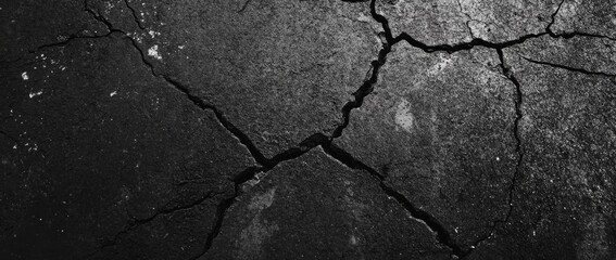 Fototapeta premium Cracked asphalt road revealing detailed surface texture from a top view perspective in dry weather